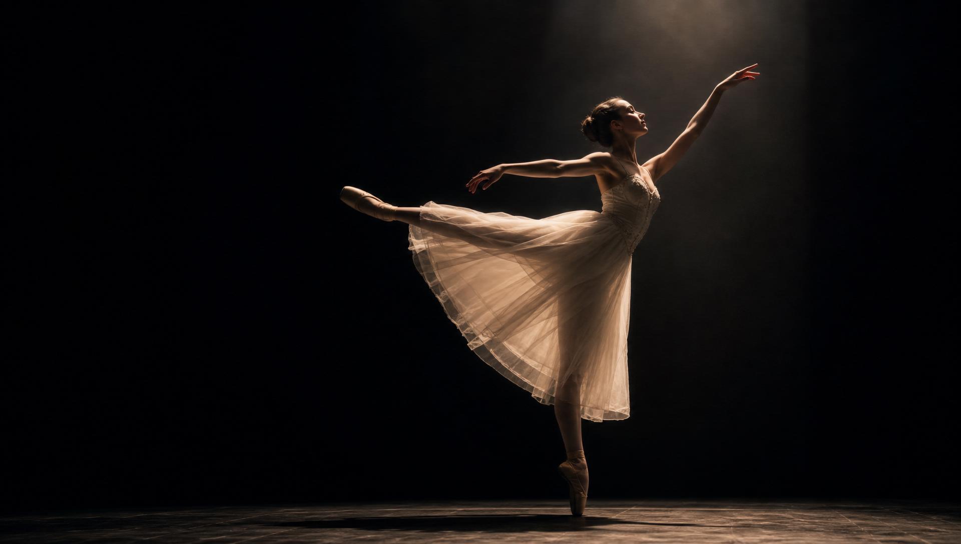 A ballet dancer poised on stage under a single warm spotlight