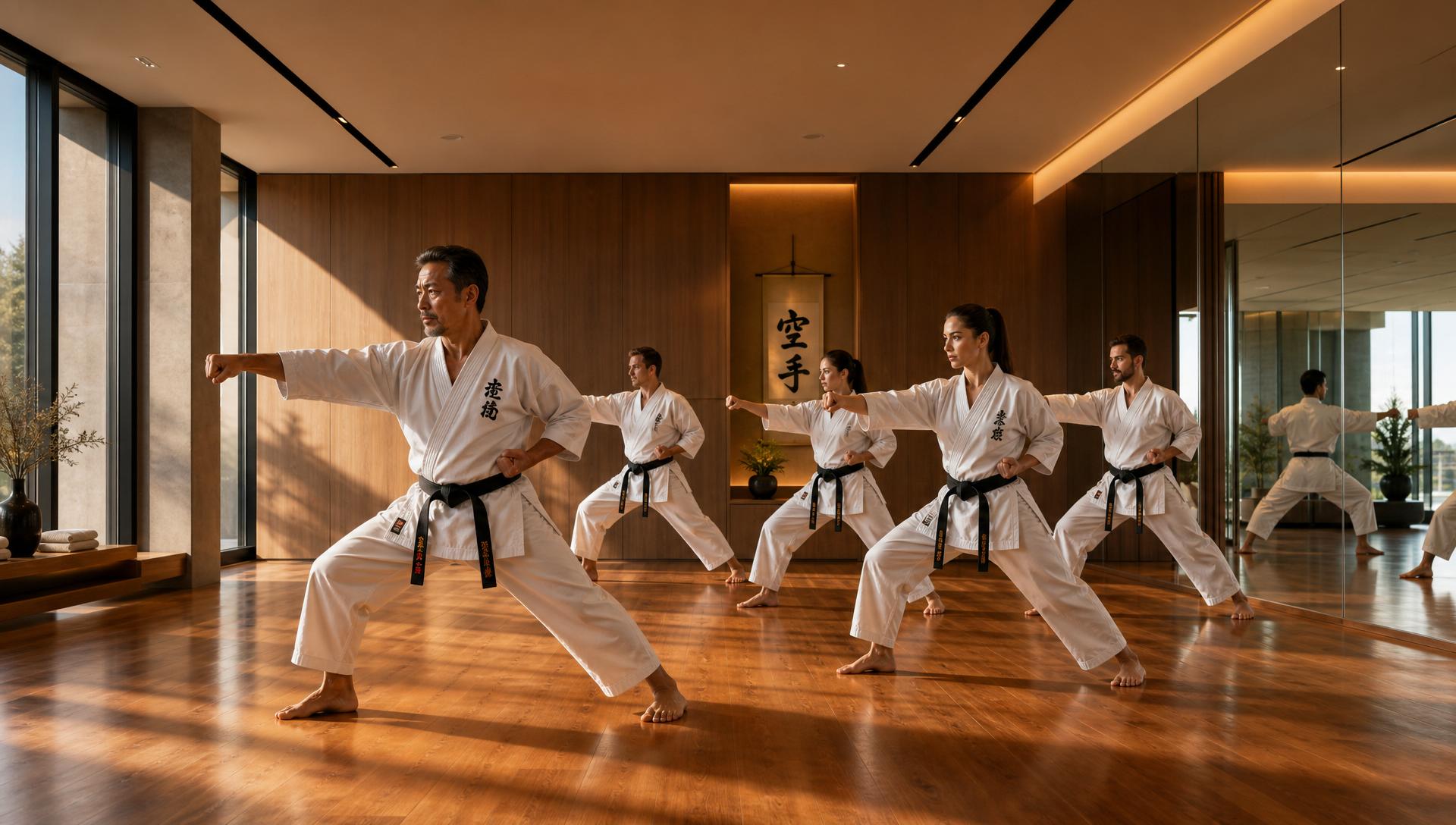 A karate instructor leading students through form in a modern dojo